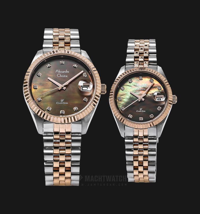 Alexandre Christie AC 5006 BTRMO Couple Brown Mother of Pearl Dial Dual Tone Stainless Steel Strap