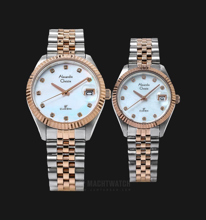 Alexandre Christie AC 5006 BTRMS Couple White Mother of Pearl Dial Dual Tone Stainless Steel Strap