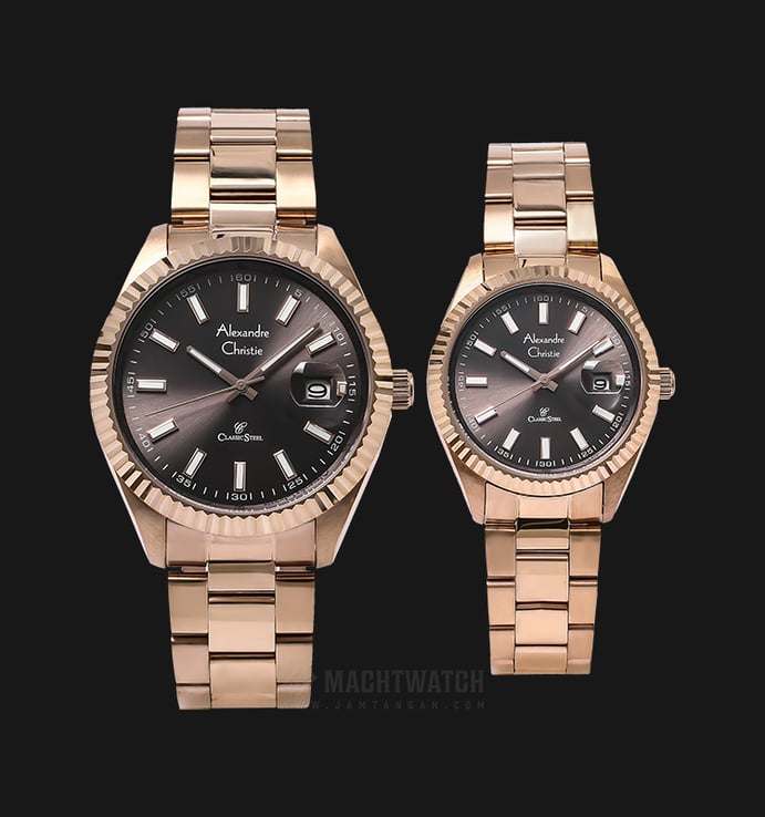 Alexandre Christie AC 5007 BRGBO Couple Brown Sunray Dial Rose Gold Stainless Steel Strap