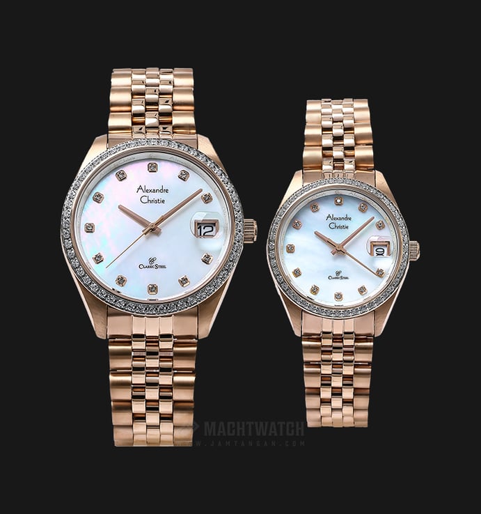 Alexandre Christie AC 5008 BRGMS Couple White Mother of Pearl Dial Rose Gold Stainless Steel Strap