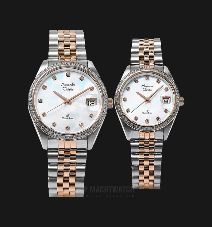 Alexandre Christie AC 5008 BTRMS Couple White Mother of Pearl Dial Dual Tone Stainless Steel Strap