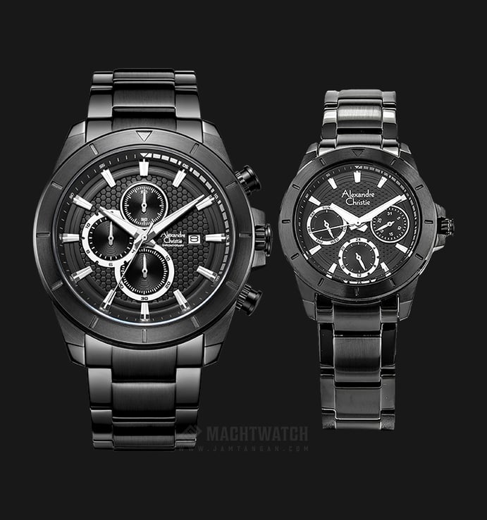 Alexandre Christie AC 6388 BIPBA Couple Black Pattern Dial Black Stainless Steel Strap