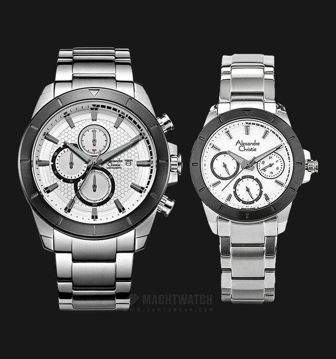 Alexandre Christie AC 6388 BTBSL Couple White Pattern Dial Stainless Steel Strap