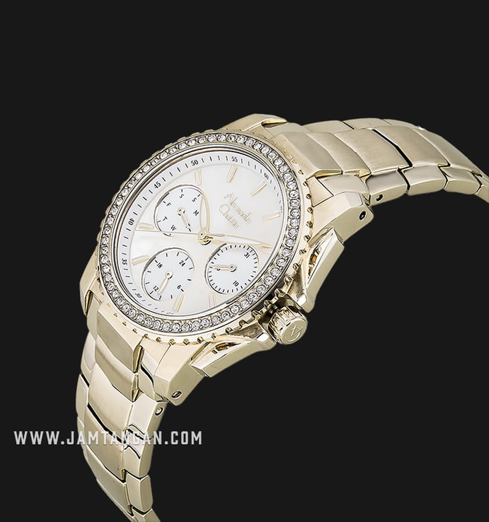 Alexandre Christie Multifunction AC 6455 BF BGPMIDR Ladies Beige Dial Gold Stainless Steel Strap