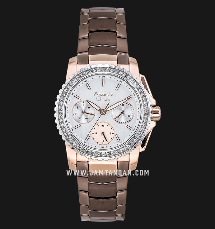 Alexandre Christie Multifunction AC 6455 BF BTRMSDR Ladies Silver Dial Brown Stainless Steel Strap