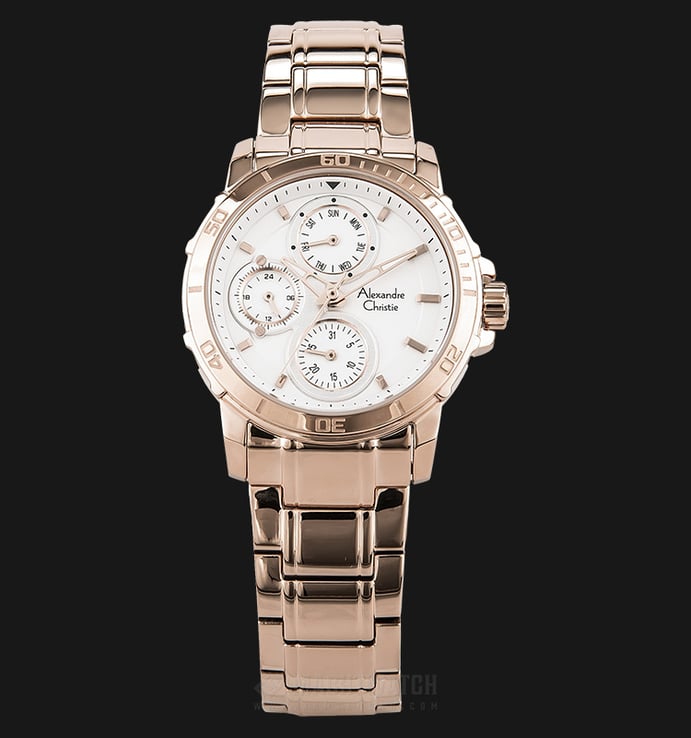 Alexandre Christie AC 6473 BF BRGSL Ladies White Dial Rose Gold Stainless Steel Strap