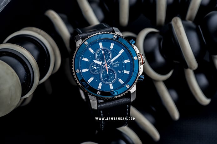 Alexandre Christie AC 6509 MC LTUBU Sport Chronograph Men Blue Dial Black Leather Strap