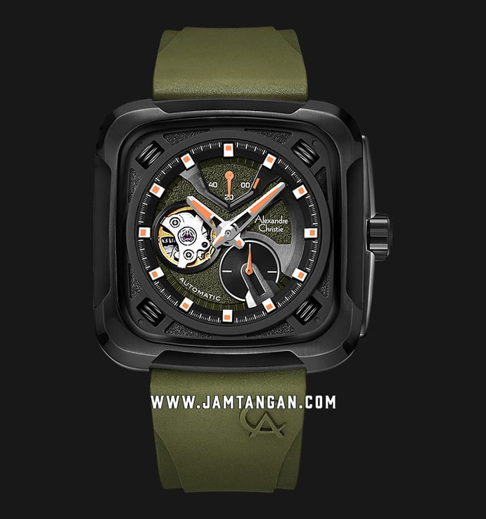 Alexandre Christie Automatic AC 6577 MA RIPBAGN Open Heart Dial Army Green Rubber Strap