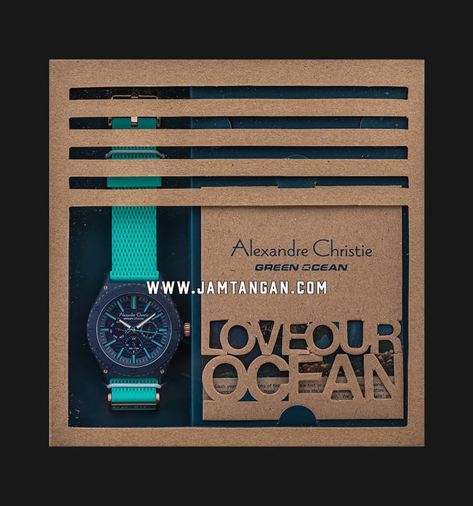 Alexandre Christie Green Ocean AC 6584 MF RRGBU Men Blue Dial Green Rubber Strap