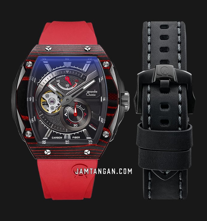 Alexandre Christie Automatic AC 6608 MA REPBARE Open Heart Dial Red Rubber Strap + Extra Strap