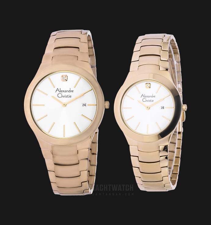 Alexandre Christie AC 8028 BCGSL Couple White Dial Rose Gold Stainless Steel Strap