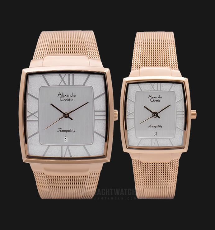 Alexandre Christie Tranquility AC 8329 BRGSL Couple Silver Dial Rose Gold Stainless Steel Mesh Strap