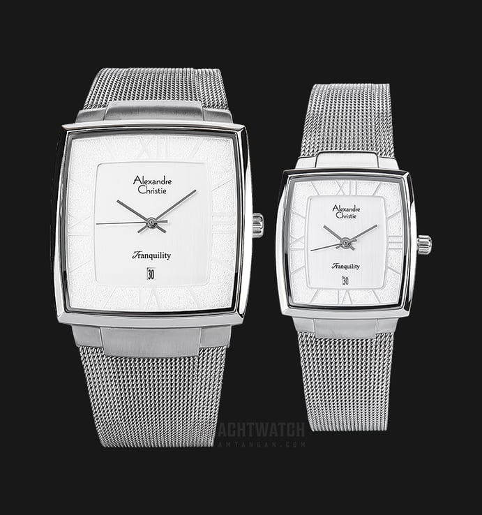Alexandre Christie Tranquility AC 8329 BSSSL Couple Silver Dial Stainless Steel Mesh Strap