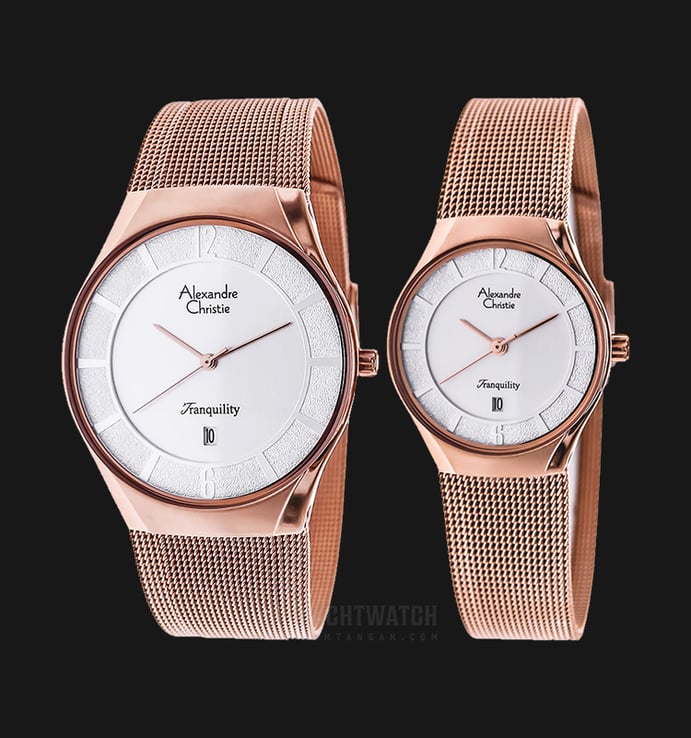 Alexandre Christie AC 8331 BRGSL Couple Silver Dial Rose Gold Stainless Steel Mesh Strap