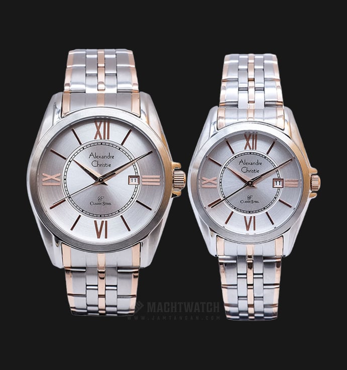 Alexandre Christie AC 8427 BTRSL Couple Silver Dial Dual Tone Stainless Steel Strap