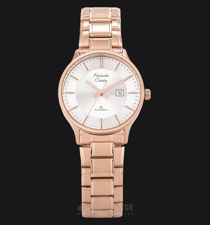 Alexandre Christie Classic AC 8452 LD BRGSL Ladies Silver Dial Rose Gold Stainless Steel Strap