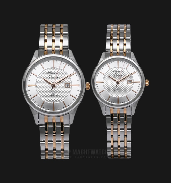 Alexandre Christie AC 8453 BTRSL Couple Silver Pattern Dial Dual Tone Stainless Steel Strap