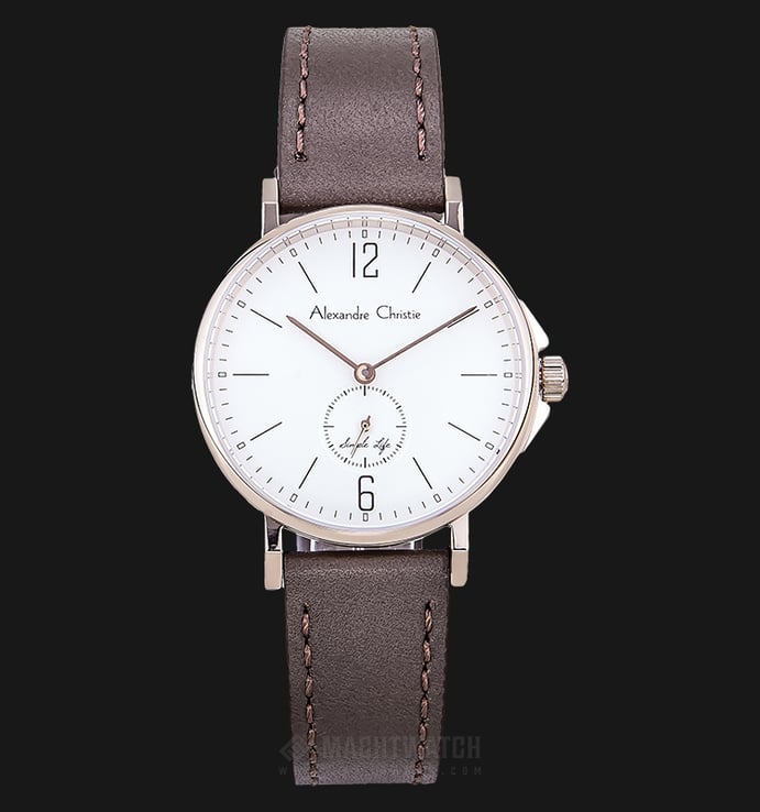 Alexandre Christie Simple Life AC 8458 LS LCGSL Ladies White Dial Brown Leather Strap
