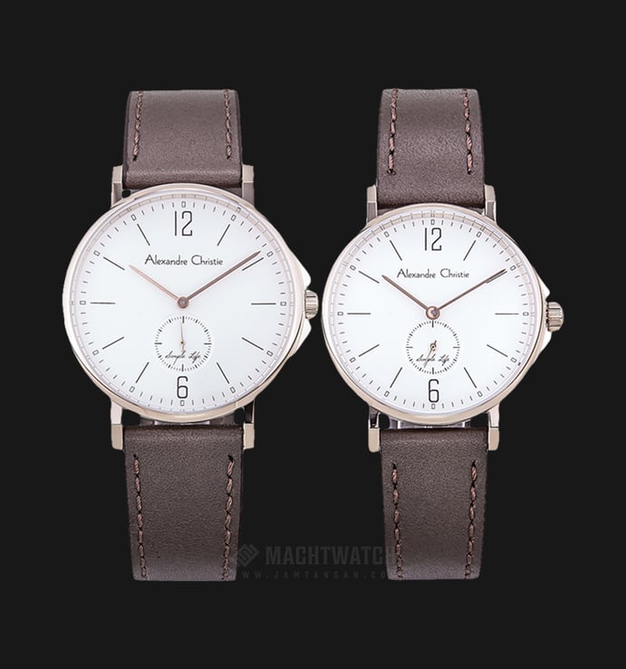 Alexandre Christie Simple Life AC 8458 SLCGSL Couple White Dial Brown Leather Strap