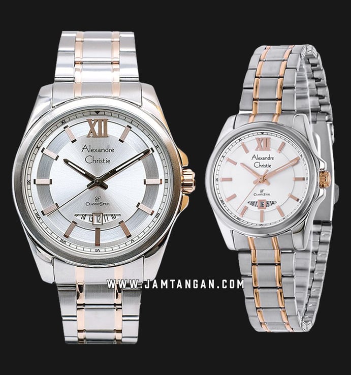 Alexandre Christie AC 8473 BTRSL Classic Steel Couple Silver Dial Dual Tone Stainless Steel Strap