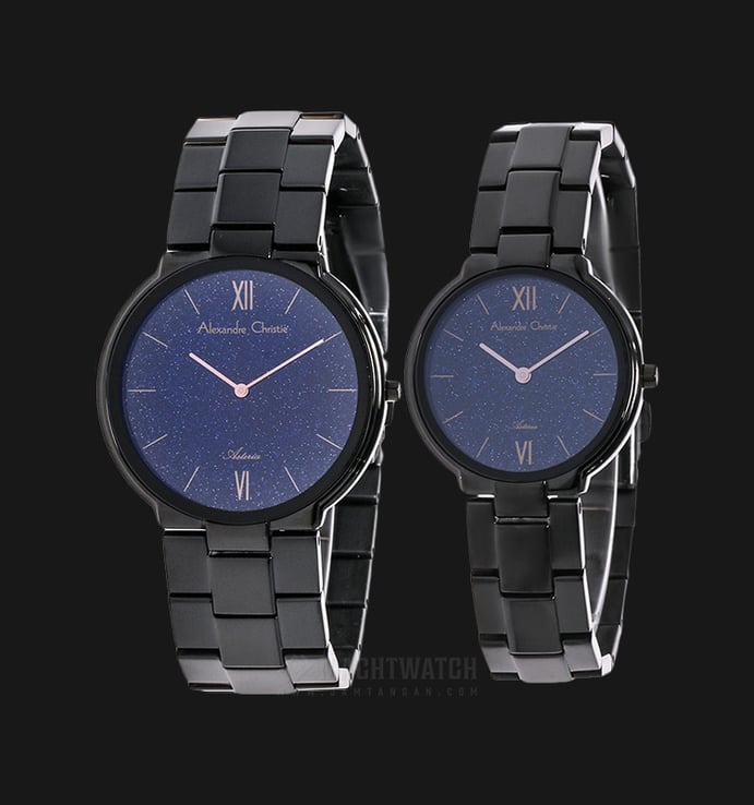 Alexandre Christie Asteria AC 8480 BIPBUIV Couple Blue Dial Black Stainless Steel Strap