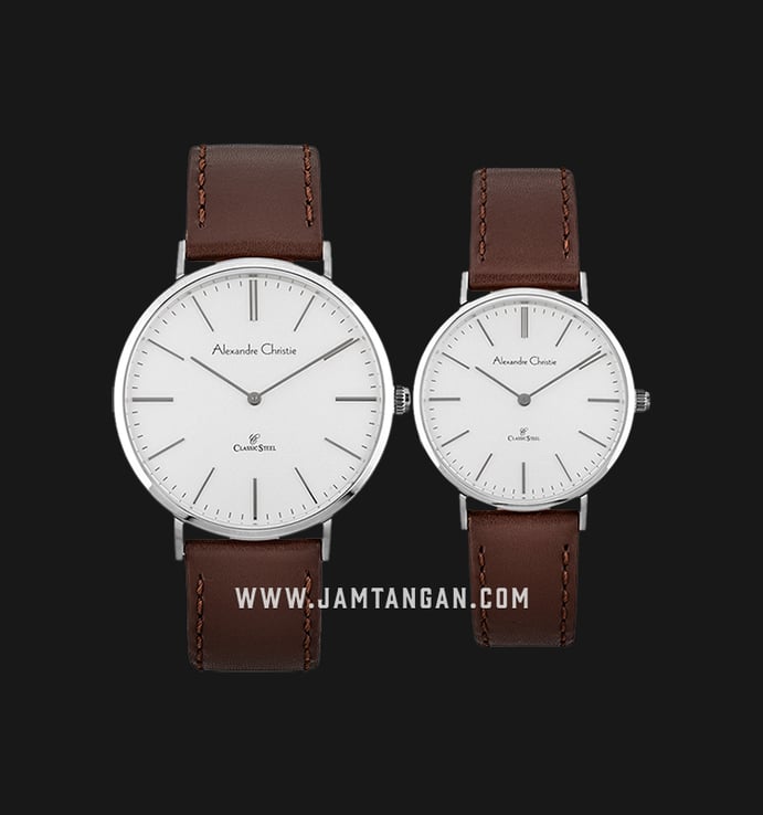 Alexandre Christie Classic Steel AC 8490 LSSSL Couple White Dial Brown Leather Strap