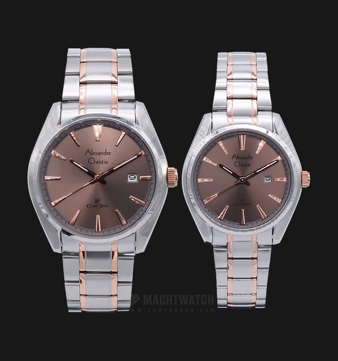 Alexandre Christie AC 8500 BTRRG Couple Brown Dial Dual Tone Stainless Steel Strap