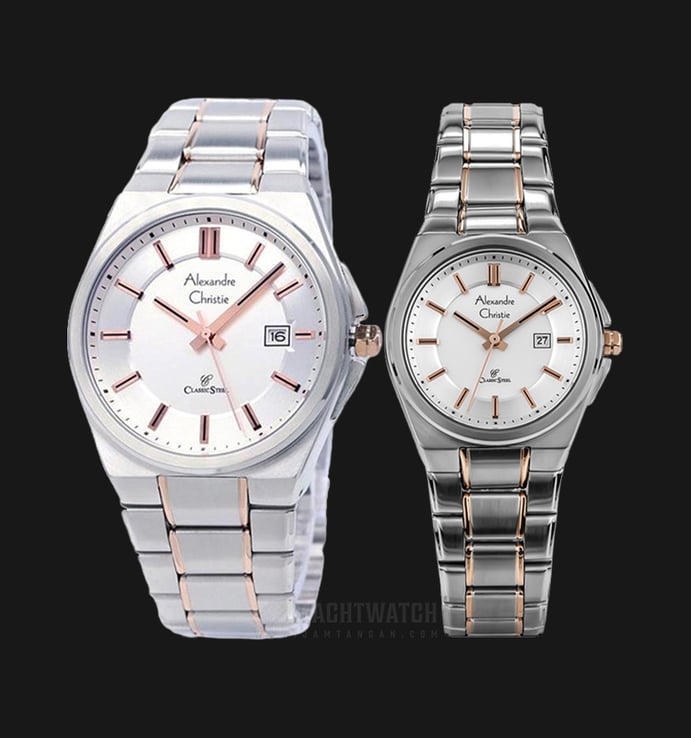 Alexandre Christie AC 8506 BTRSL Couple Silver Dial Dual Tone Stainless Steel Strap
