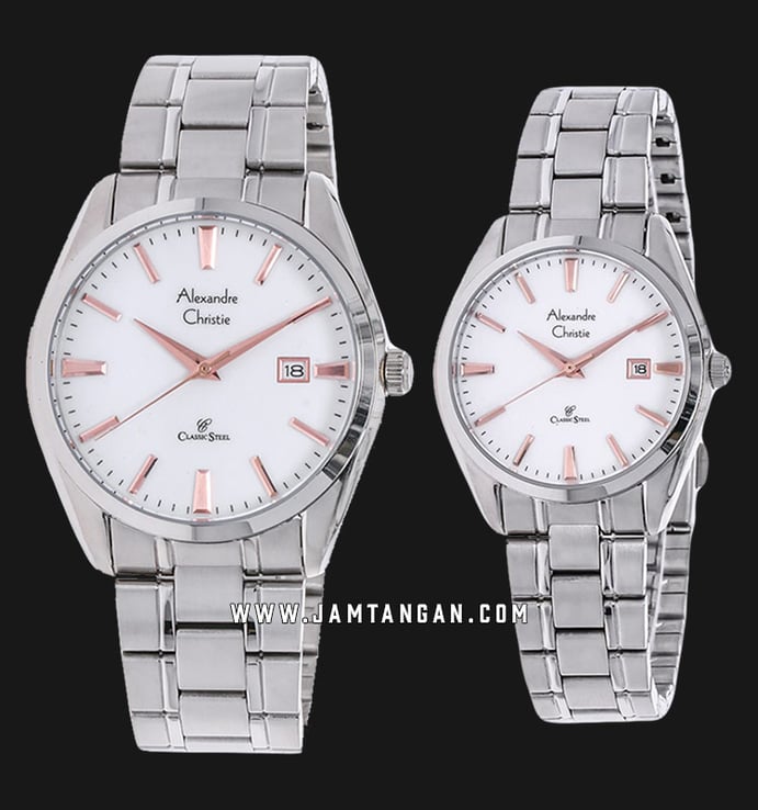 Alexandre Christie AC 8515 BSSSLRG Classic Steel Couple White Dial Stainless Steel Strap