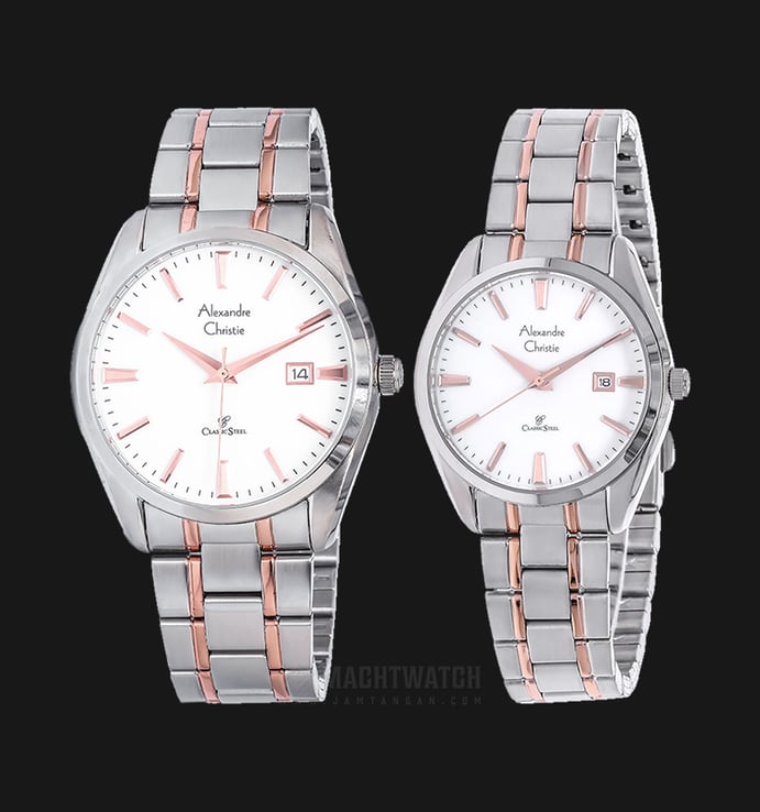 Alexandre Christie AC 8515 BTRSL Couple White Dial Dual Tone Stainless Steel Strap