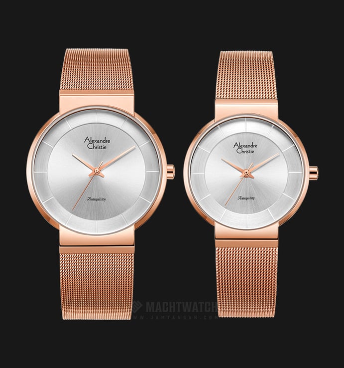 Alexandre Christie AC 8523 BRGSL Couple Silver Sunray Dial Rose Gold Stainless Steel Strap
