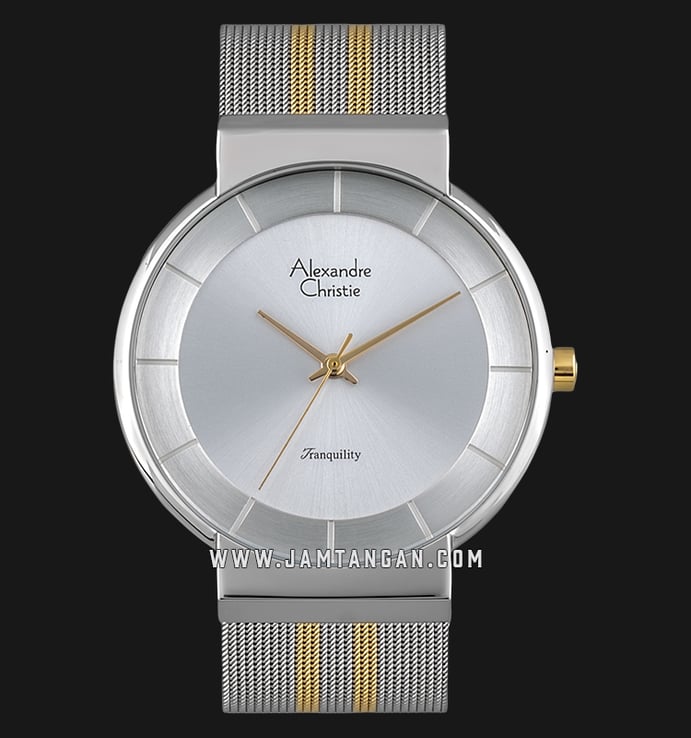 Alexandre Christie Tranquility AC 8523 MH BTGSL Men Silver Dial Dual Tone Stainless Steel Mesh Strap