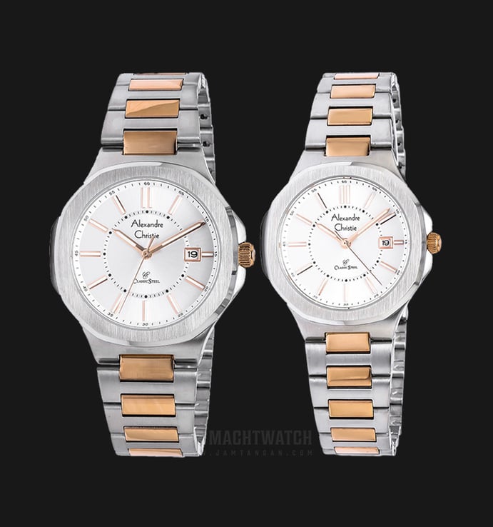 Alexandre Christie AC 8524 BTRSL Couple Silver Dial Dual Tone Stainless Steel Strap