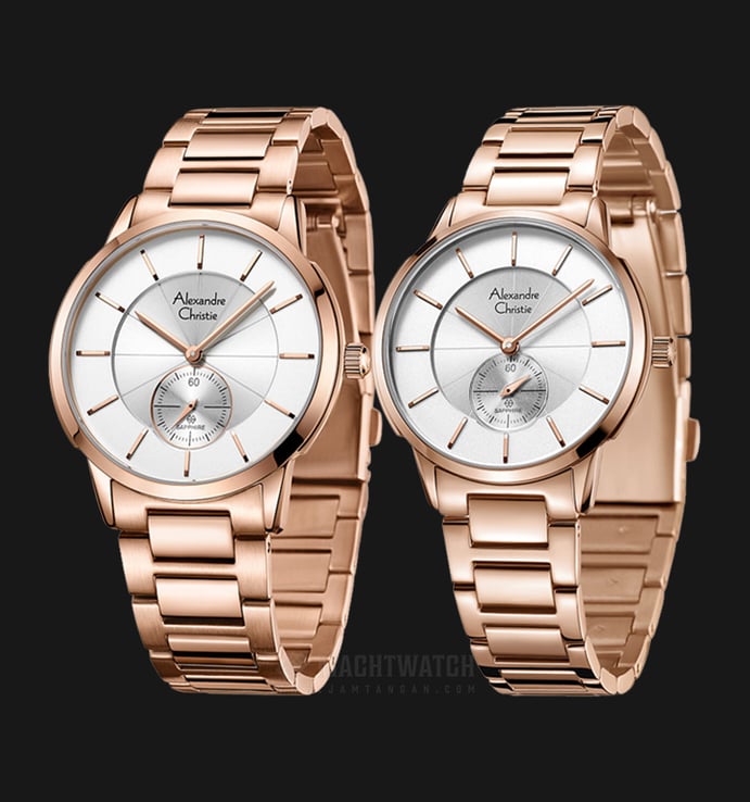 Alexandre Christie AC 8546 BRGSL Couple Silver Dial Rose Gold Stainless Steel Strap