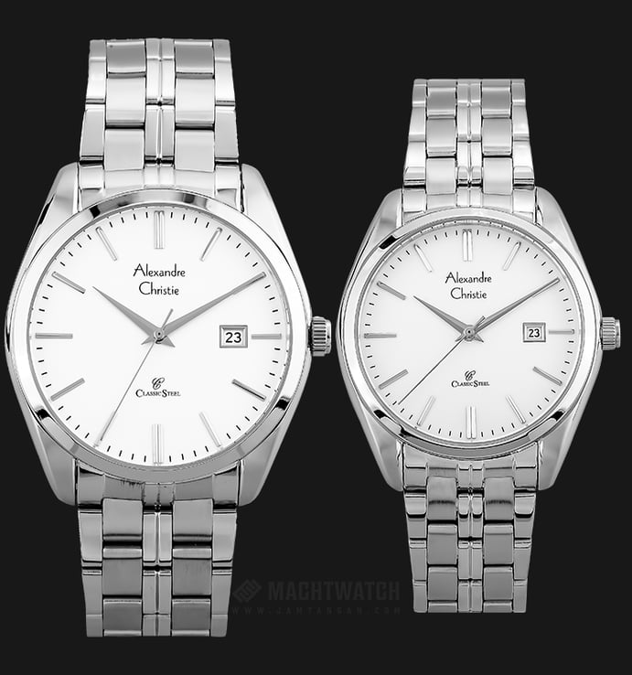Alexandre Christie Classic Steel AC 8558 BSSSL Couple White Dial Stainless Steel Strap