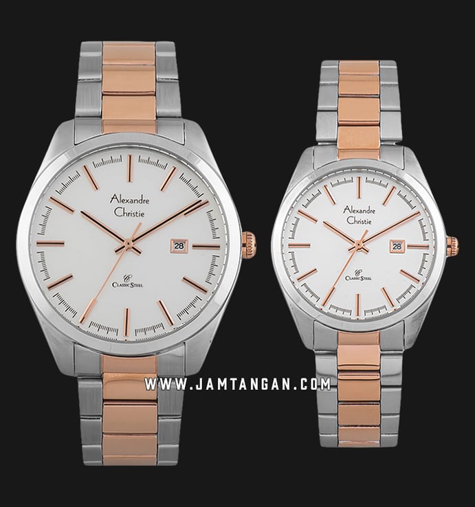 Alexandre Christie AC 8560 BTRSL Classic Steel Couple Silver Dial Dual Tone Stainless Steel Strap