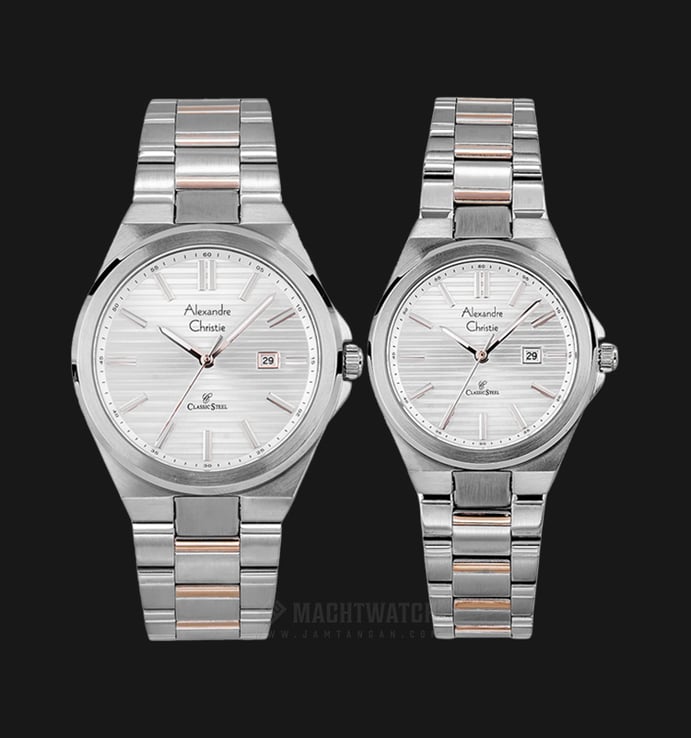 Alexandre Christie AC 8563 BTRSL Couple Silver Pattern Dial Dual Tone Stainless Steel Strap