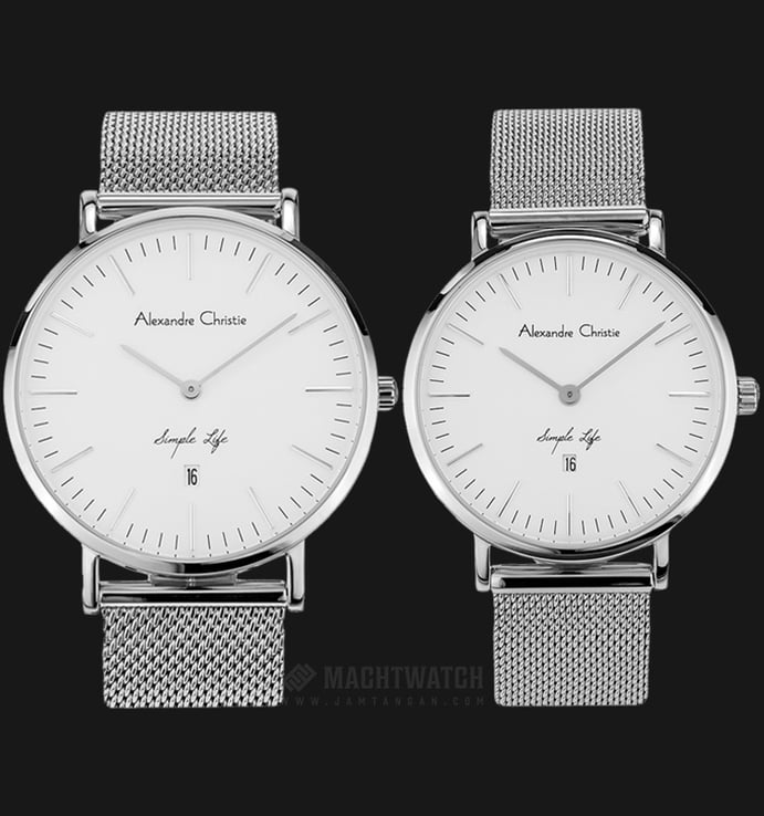 Alexandre Christie Simple Life AC 8566 BSSSL Couple White Dial Stainless Steel Strap