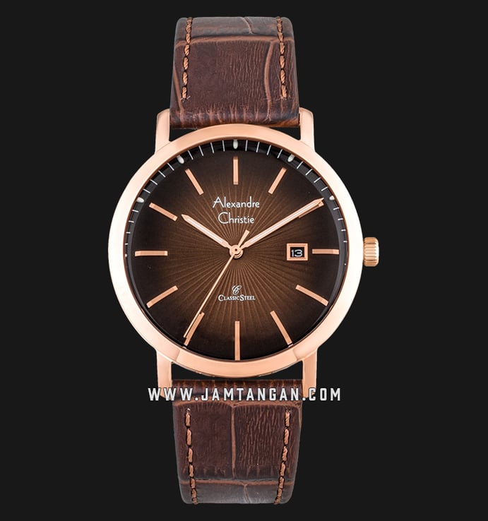 Alexandre Christie AC 8581 MD LRGBO Classic Steel Man Brown Sunray Dial Brown Leather Strap