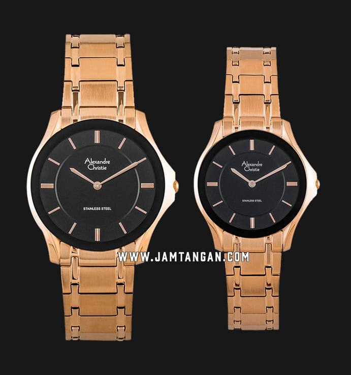 Alexandre Christie AC 8605 BRGBA Couple Black Dial Rose Gold Stainless Steel Strap