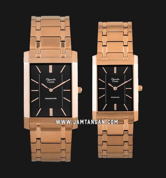 Alexandre Christie Classic AC 8606 BRGBA Couple Black Dial Rose Gold Stainless Steel Strap