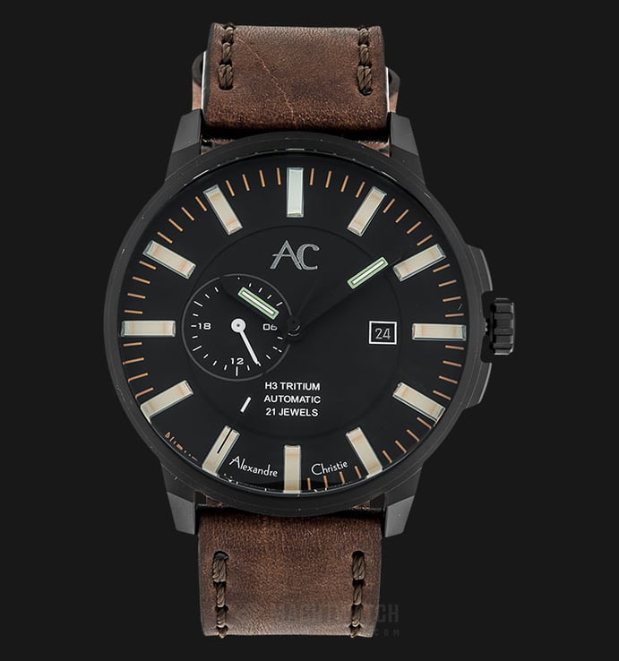 Alexandre Christie AC 9202 NM ALIPBAOR Night Vision Automatic Black Dial Brown Leather Strap