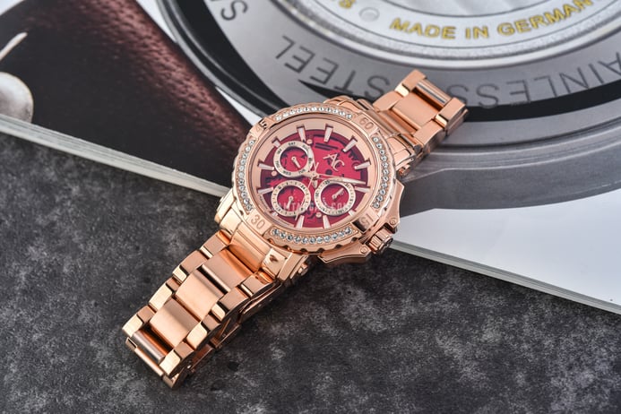Alexandre Christie AC 9205 BF BRGREDR Ladies Red Dial Rose Gold Stainless Steel Strap