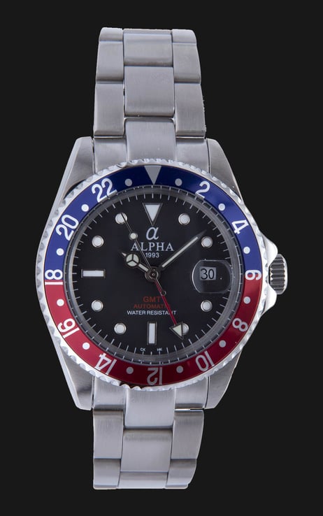 Alpha MA507 GMT Blue Red Bezel Jam Tangan Pria Silver
