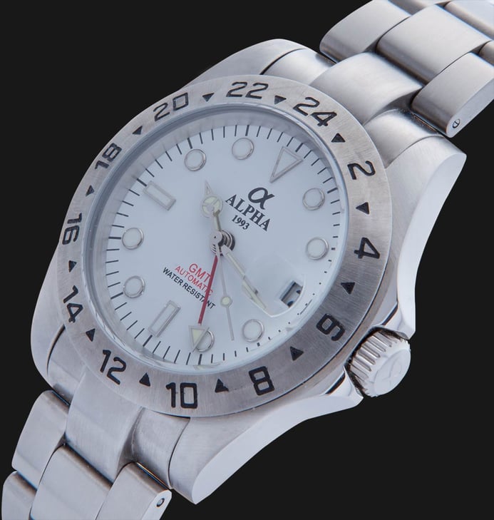 Alpha MA1019 GMT Silver White - Jam Tangan Pria Putih