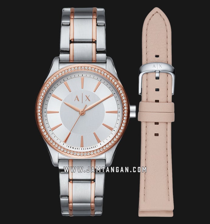 Armani Exchange AX7103 Ladies Silver Dial Dual Tone Stainless Steel Strap + Extra Strap
