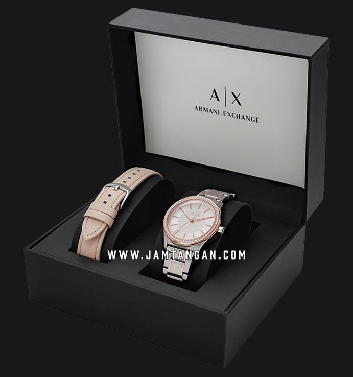 Armani Exchange AX7103 Ladies Silver Dial Dual Tone Stainless Steel Strap + Extra Strap
