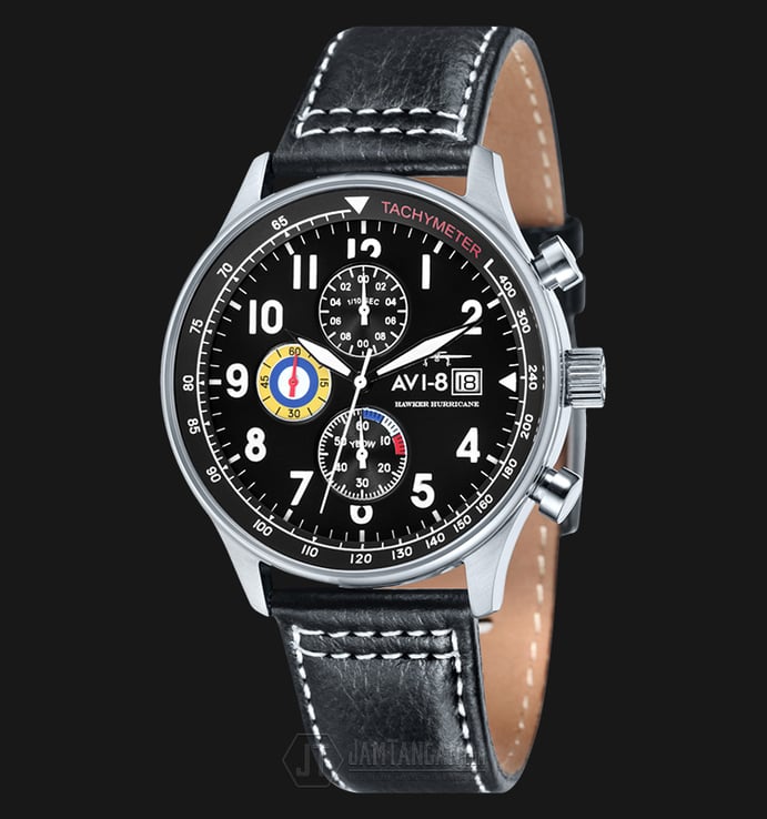AVI-8 Man Hawker Hurricane Watch Black Dial Black Leather Strap AV-4011-02