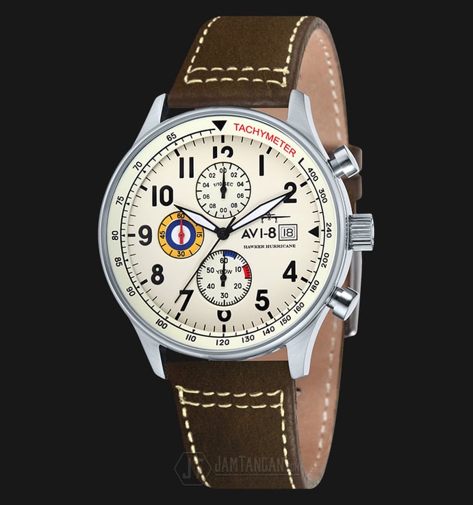 AVI-8 Man Hawker Hurricane Watch Cream Dial Brown Leather Strap AV-4011-04