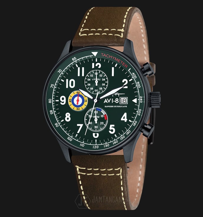 AVI-8 Man Hawker Hurricane Watch Green Dial Brown Leather Strap AV-4011-05